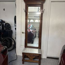 Vintage Carved Wood Entryway Mirror w/ Marble Base