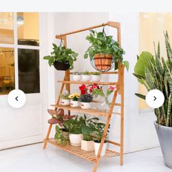Bamboo 3-Tier Hanging Plant Stand Planter Shelves Flower Pot Organizer Rack Folding Display Shelving Plants Shelf Unit Holder