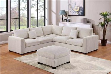 Cream Corduroy Sectional Sofa with Ottoman