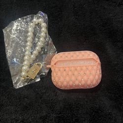 AirPods Case – Pink with Diamond Charms & Pearl Handle – Stylish Protective Cover
