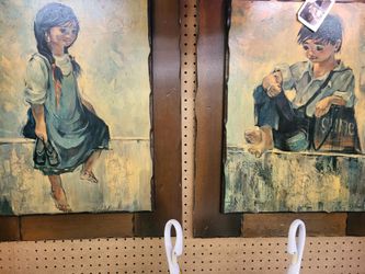 Pair Of Wood Mounted Street Boy And Girl Signed Art 