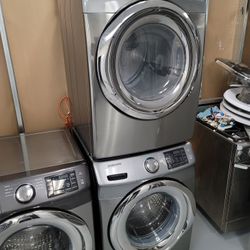 Samsung Front Load Washer And Stackable Gas Dryer Set In Stainless Steel 