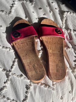 Michael Kors Lee Leather Slide Sandals Coral Reef