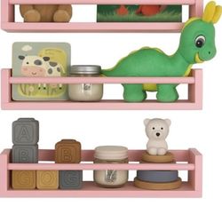 Nursery Floating Shelves for Wall, Set of 3 Book Shelves Natural Wood Wall Mounted Organizer with Towel Bar Hanging Bookshelves Nursery Decor for Kids
