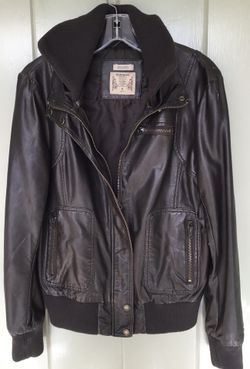 “Ruff Hewn” Faux Leather Bomber Jacket. Chocolate brown, zipper pockets, lined, size M, 15” from armpit to bottom of jacket