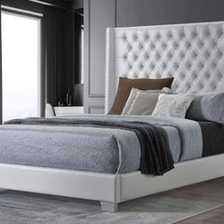 Ivory Upholstered Platform Bed Frame