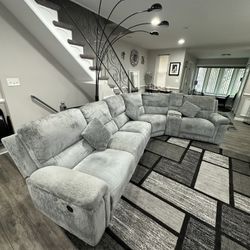Grey Fabric Sectional With 3 Reclining Seats