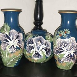 X3 VINTAGE HAND PAINTED PORCELAIN TEAL BLUE FLORAL FLOWER ORIENTAL TRI-EVER CHINESE FLOWER VASE GINGER JAR ACCENT TABLE DECOR