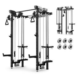 Mikolo Folding Squat Rack, Wall Mounted Power Rack with Cable Crossover Machine & LAT Pull Down, Functional Trainer with 5 Adjustable Function Modes, 