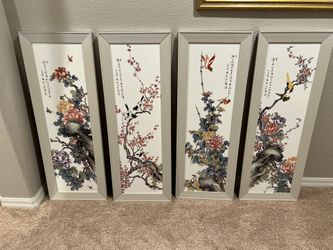 Four Panel Chineese Bird And Flower Seasons Porcelain Art