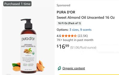 Purador Organic Sweet Almond oil 16oz 16.99