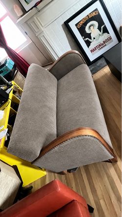 Gray Fabric Loveseat with Walnut Wood Arm accents