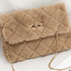 Gorgeous Tan Plush High Fashion Luxury Quilted Purse