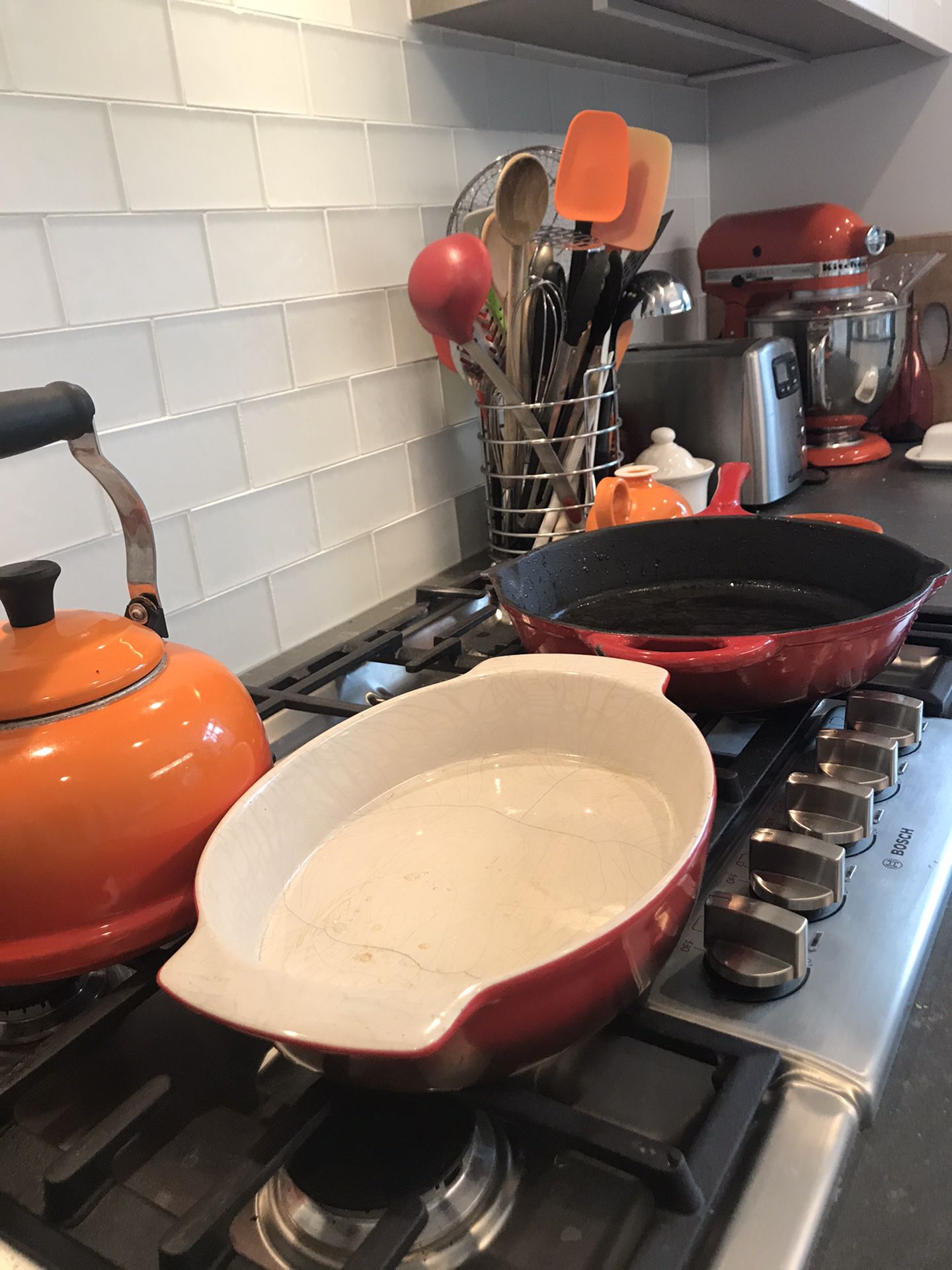 Red Pyrex Bakewear and Cast Iron Cookware