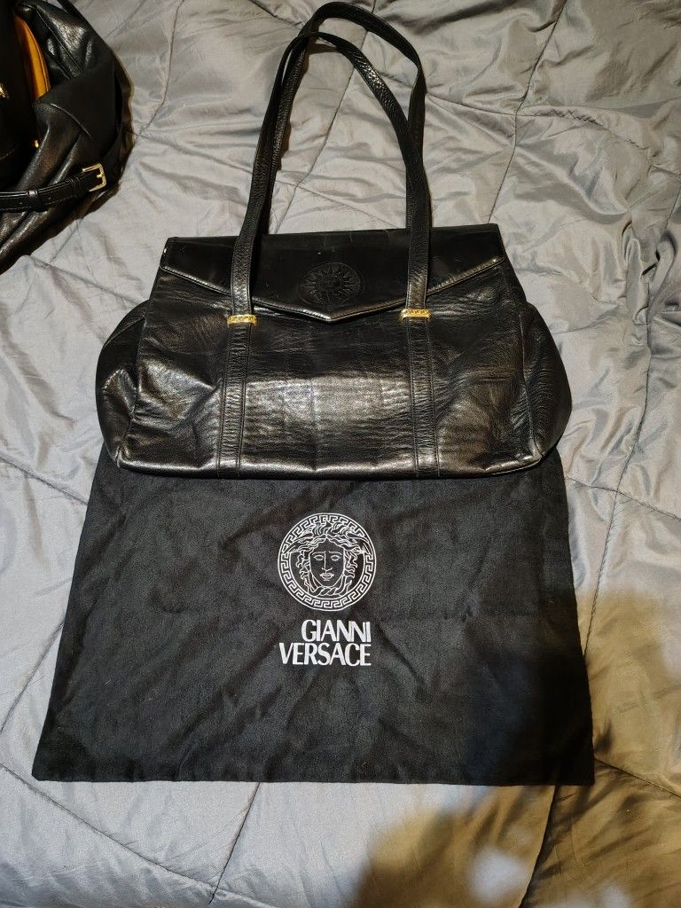Vintage Gianni Versace Black Leather Bag With Dust Bag