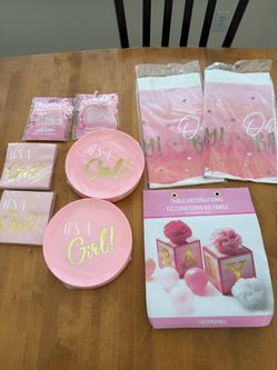 New Baby Girl Shower Party Supplies Bundle