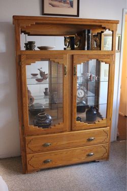 Solid Wood Oak and Glass Lighted Display Cabinet