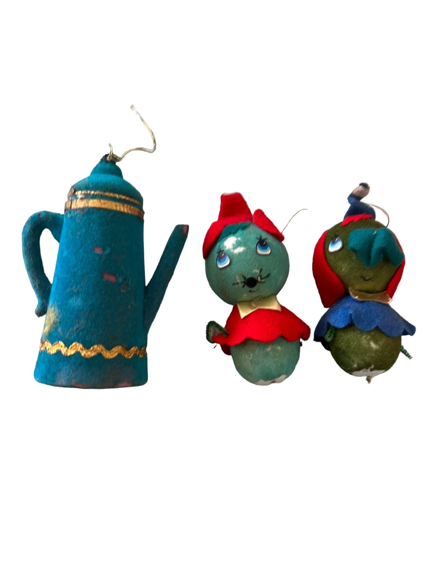 Set of 3 Vintage Flocked Styrofoam Christmas Ornaments Teapot Characters See Pic These are vintage ornaments and there is some wear and tear due to