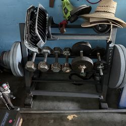 Weight plates rack, dumb bells and Olympic bar
