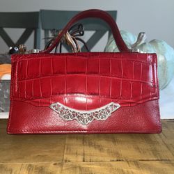Brighton Red Leather/Croc Handbag w Ornate Silver Embellished