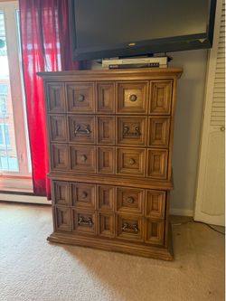 Vintage brutalist mcm solid wood tall 5 drawer dresser