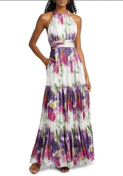 Watercolor metallic satin maxi dress