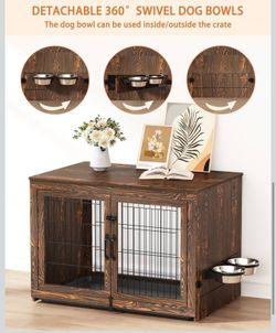 Piskyet Wooden Dog Crate Furniture with 360°Rotatable Removable Dog Bowls, Dog Crate End Table with Tray, Double Doors Dog Kennels for Dogs(L:37.7" L*