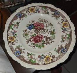 Vintage Royal Cauldon England Bentick pattern X2979. 2 dinner plates, 11" diameter. Colorful floral transferware, scalloped embossed rim.