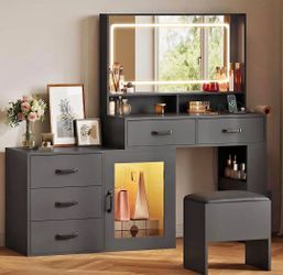 Vanity Desk Set w/ LED Mirror | Charging Station | Drawers | Stool | Black