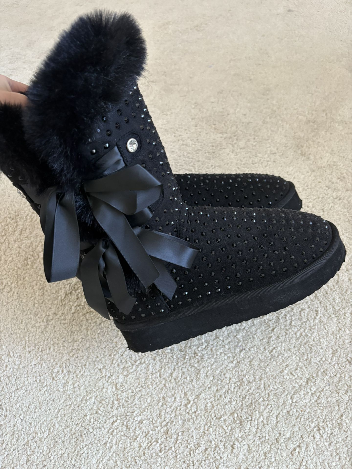 Dolls Kill Ugg Style Boots Black SNOWFLAKE CADET RHINESTONE BOOTIES