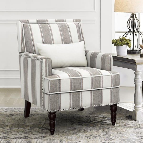 35 in. Gray White Stripes Fabric Classic Accent Chair Solid Wood Upholstered Armchair with Cushion Nailhead