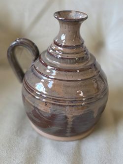 Vintage Glazed Ceramic Jug with Handle Signed Paige Pottery 8" Tan Burgundy