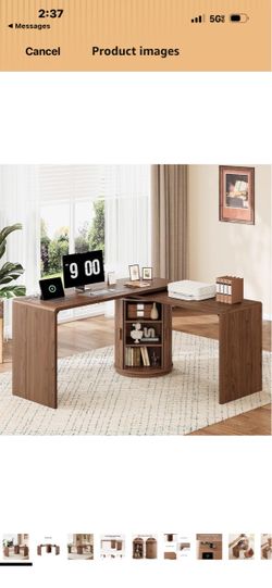60 in L Shaped Desks,360° Rotating Swivel Corner Desk,Walnut Fluted Computer Table with Power Outlet,Mid-Century Modern Executive Desk with Storage,fo