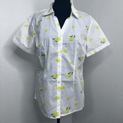 Laura Scott NWT White Shirt top with Lemon Design button-up Sz M