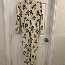 Forever 21 Girls Teddy Bear Santa Hat Fleece One Piece Suit Pajama Kids 13/14