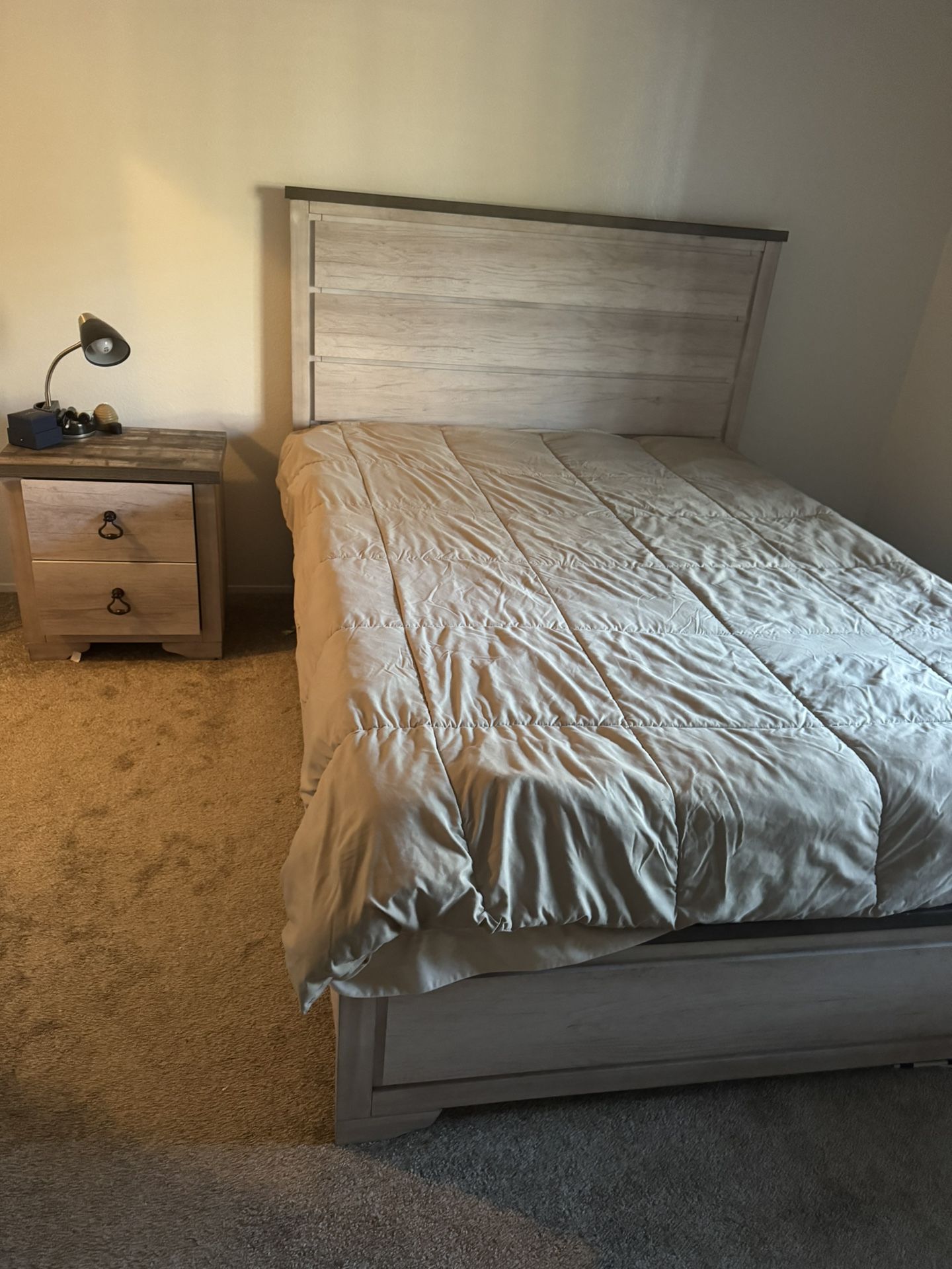 Queen Bed frame , Mattress , and nightstand