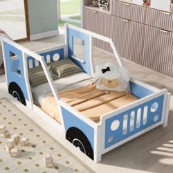  🔥Brand new in Box 🔥Kids Twin Size Car-Shaped Platform Bed with Wheels, Classic Wood Car Bed Frame with Door and Window(Blue)  💰150$