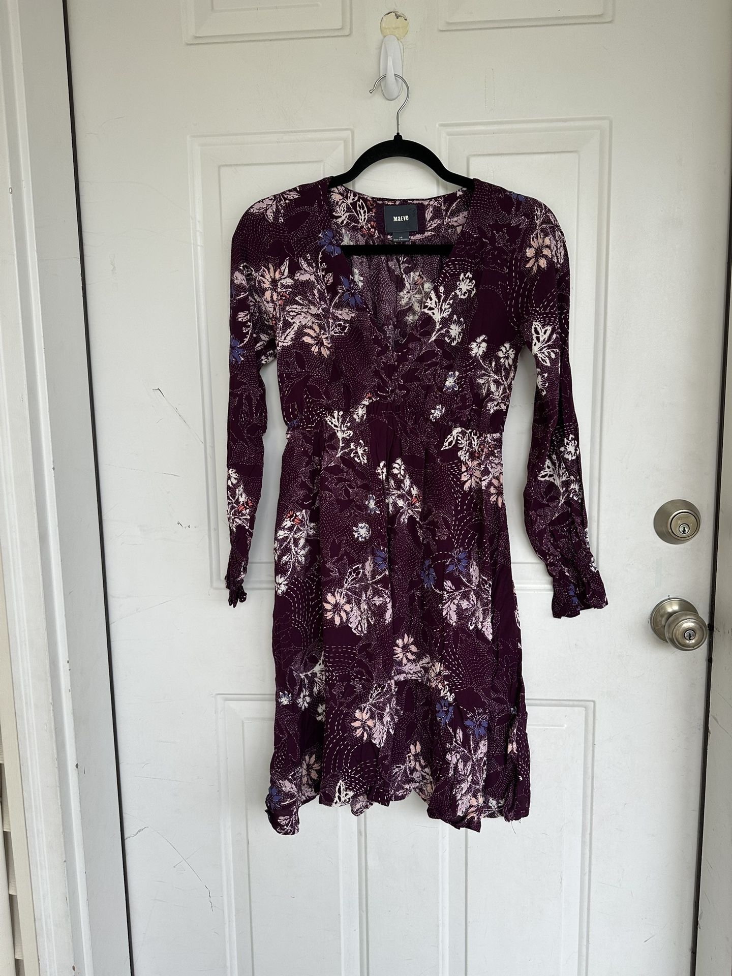 Maeve Anthropologie Monaco Dress Womens XS Purple Shift Mini Long Sleeve Floral