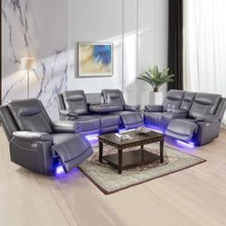 Power Electric Gray Leather Fully Reclining Couch Set