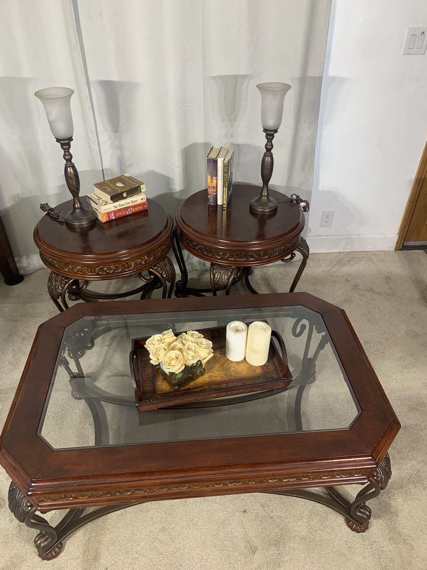 3 Piece Coffee Table Set WOOD, GLASS & IRON