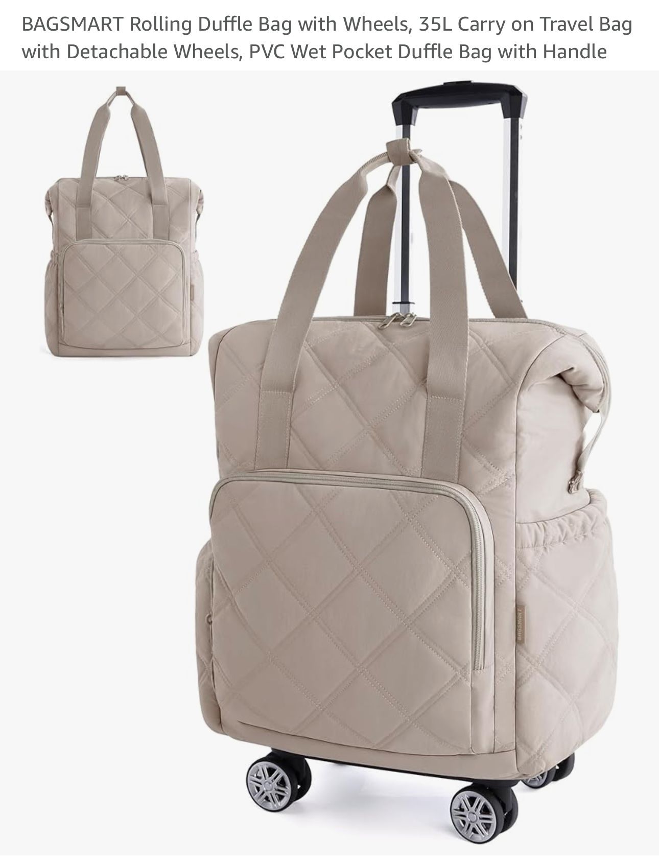 Bagsmart 35L Convertible Rolling Duffle Bag w/ Detachable Wheel Cart, Camel Color