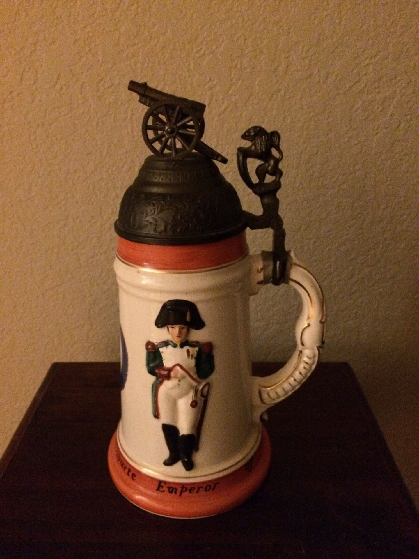 German Music beer stein w/ lion & cannon lid. "Napoleon Bonaparte Emperor of France 1864" on base