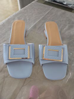 Ladies Light Blue Slide Sandals with Gold Accent