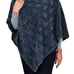 Passage Gray Floral Pattern Faux Fur Poncho NWT