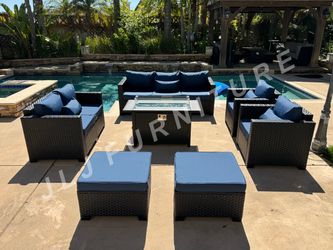 NEW🔥Outdoor Patio Furniture Black Wicker Sapphire Blue Cushions with 45" Firepit ASSEMBLED
