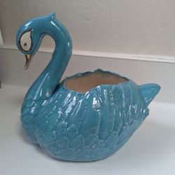 Turquoise Gold Swan Planter Plant Pot Organizer Home Decor Duck Glazed Ceramic Handmade Vintage Designer Porcelain Terracotta Pottery Barn Restoration