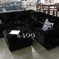 ✅$499 No Tax 4-pc Sectional Sofa With Ottoman Black Fur- Like Corduroy Fabric 