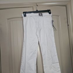 Young Girl White Dickies w Belt Boot Cut Pants 
