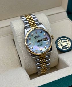 1980s Rolex Datejust 16013 36mm stainless steel jubilee bracelet natural diamond MOP dial gold fluted bezel watch box tag appraisal