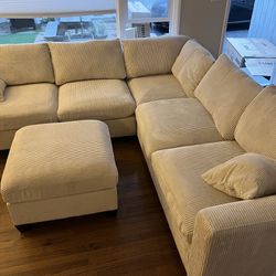 New 99x99 Off White Corduroy Sectional Couch / Free Delivery 